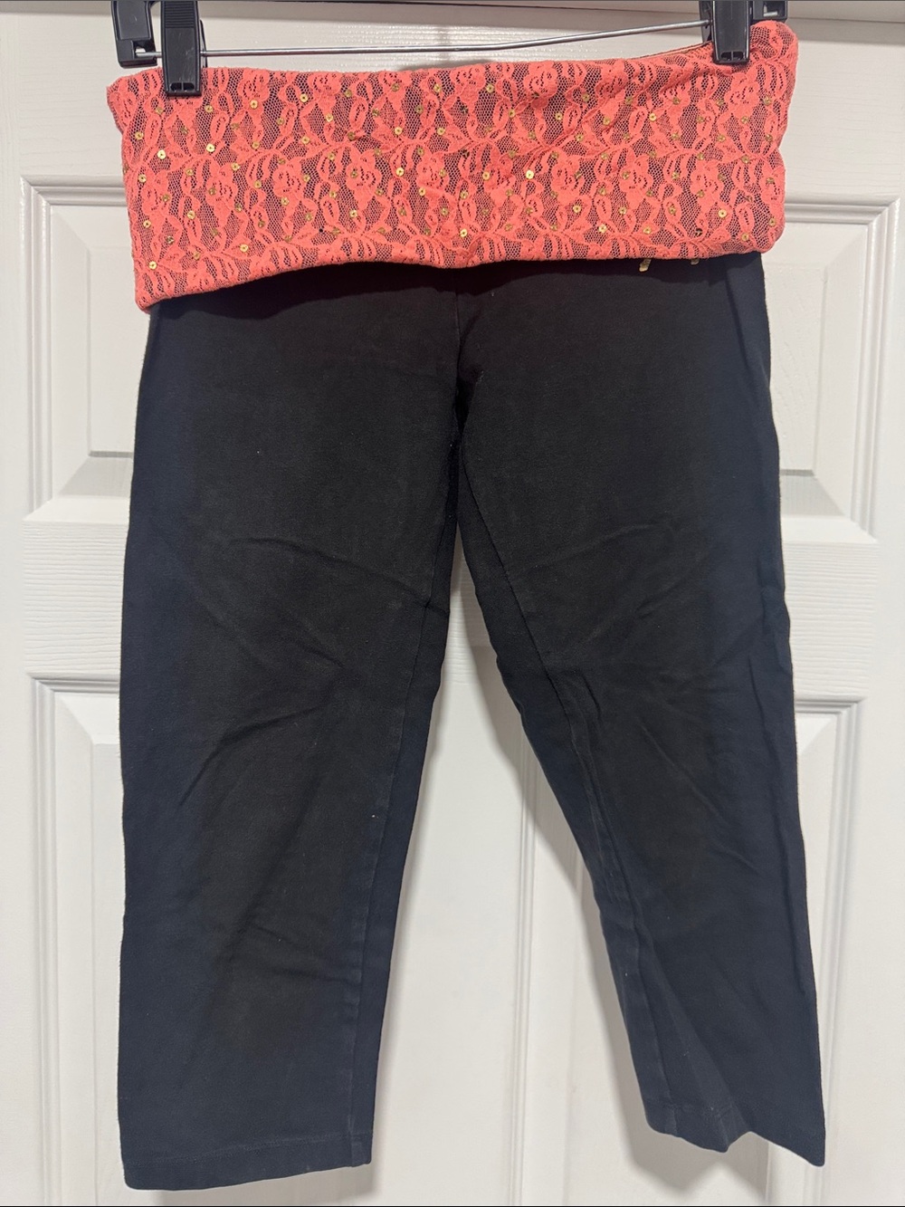 PINK Victoria's Secret Black Capri Pants with Coral Lace Fold-Over Waistband